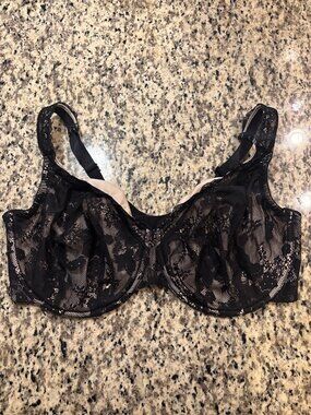 Cacique Full Coverage Lace Bra 42F Black Nude Sheer Underwire Support